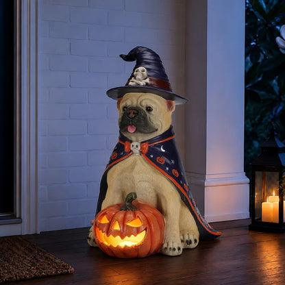 Halloween Bulldog Witch Statue, LED Light Up Jack-O-Lantern Pumpkin Decor for Home Tabletop