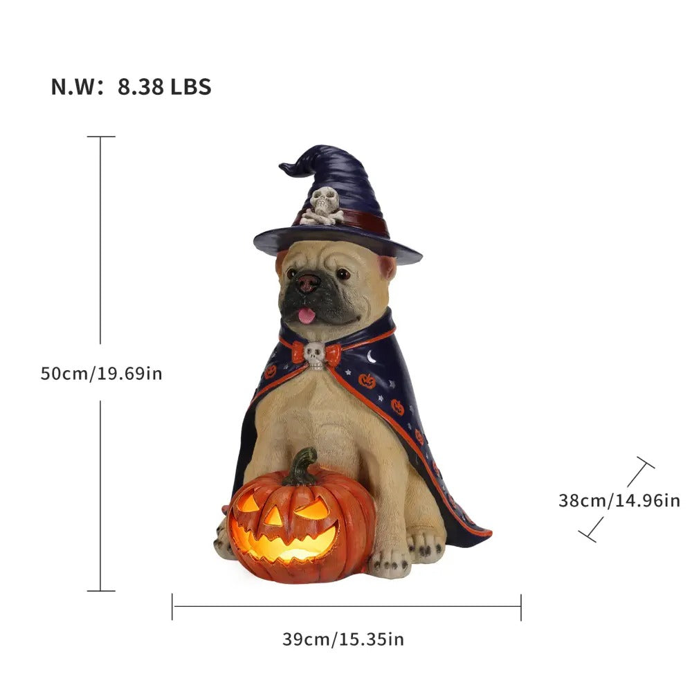 Halloween Bulldog Witch Statue, LED Light Up Jack-O-Lantern Pumpkin Decor for Home Tabletop