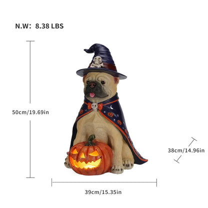 Halloween Bulldog Witch Statue, LED Light Up Jack-O-Lantern Pumpkin Decor for Home Tabletop
