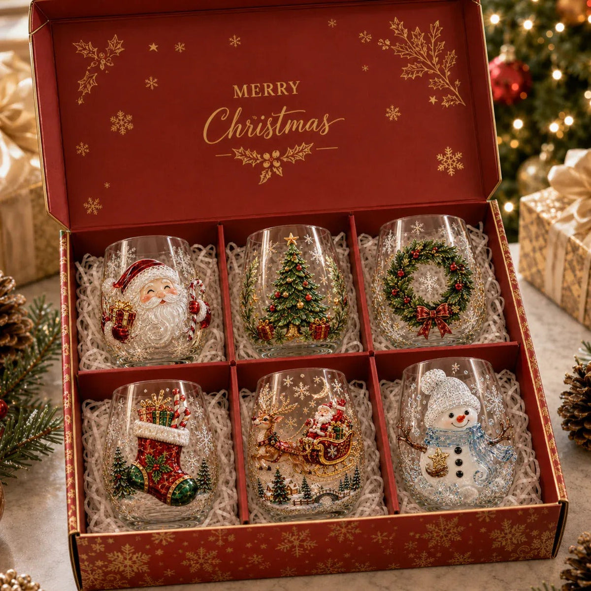 Christmas 3D Wine Glass Set – 6-Piece Holiday Goblet Gift Box for Festive Parties & Entertaining