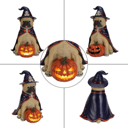 Halloween Bulldog Witch Statue, LED Light Up Jack-O-Lantern Pumpkin Decor for Home Tabletop