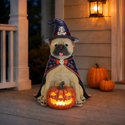 Halloween Bulldog Witch Statue, LED Light Up Jack-O-Lantern Pumpkin Decor for Home Tabletop