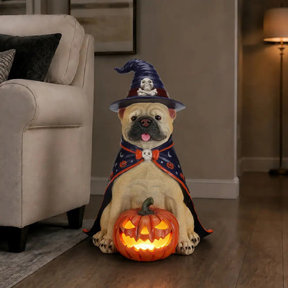 Halloween Bulldog Witch Statue, LED Light Up Jack-O-Lantern Pumpkin Decor for Home Tabletop