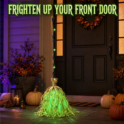 🧹 Animated Flying Witch Broom | Auto‑Moving Halloween Prop with Creepy Cackles, Green LED & Bendable Stem for Porch & Haunted House