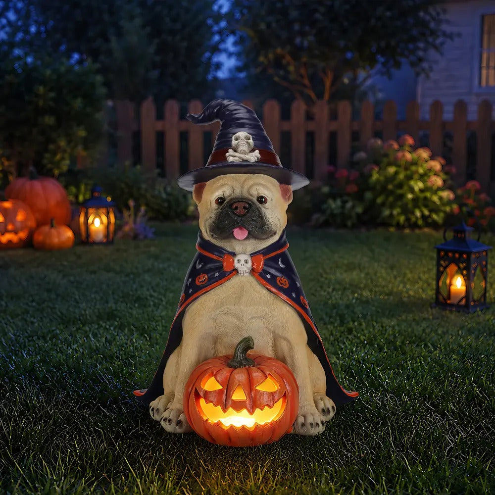 Halloween Bulldog Witch Statue, LED Light Up Jack-O-Lantern Pumpkin Decor for Home Tabletop