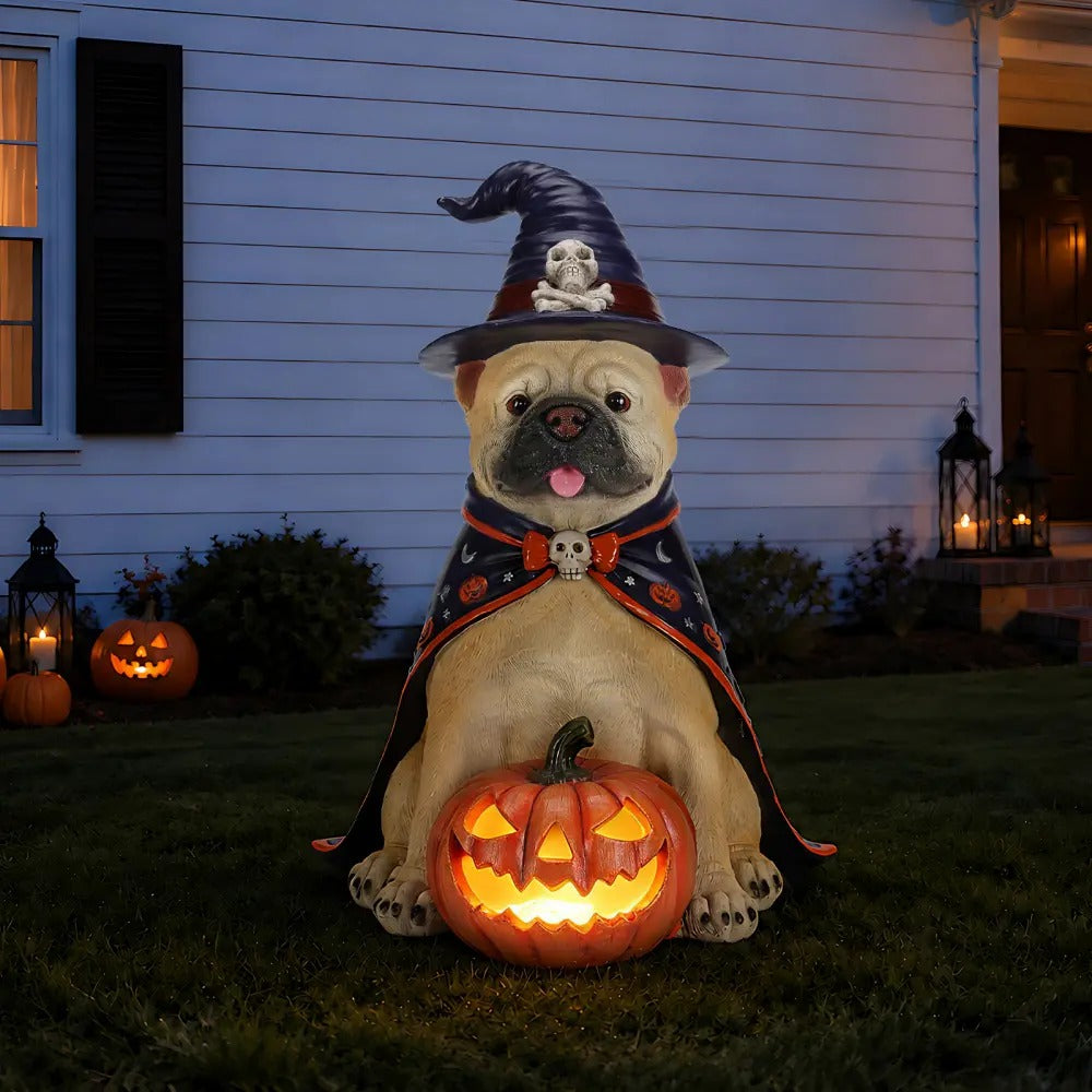 Halloween Bulldog Witch Statue, LED Light Up Jack-O-Lantern Pumpkin Decor for Home Tabletop