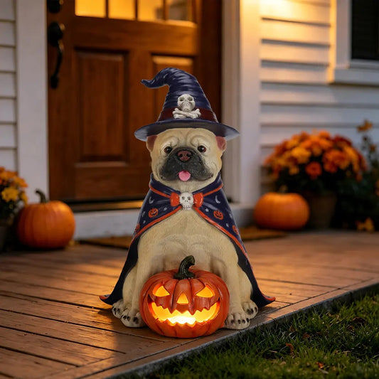 Halloween Bulldog Witch Statue, LED Light Up Jack-O-Lantern Pumpkin Decor for Home Tabletop